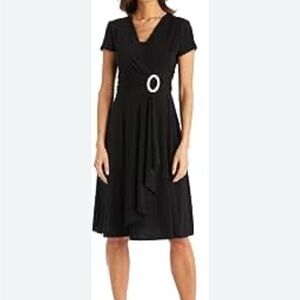 R&M RICHARDS Size 16 Black Jersey Surplice Faux Wrap A-line Dress Cocktail Party
